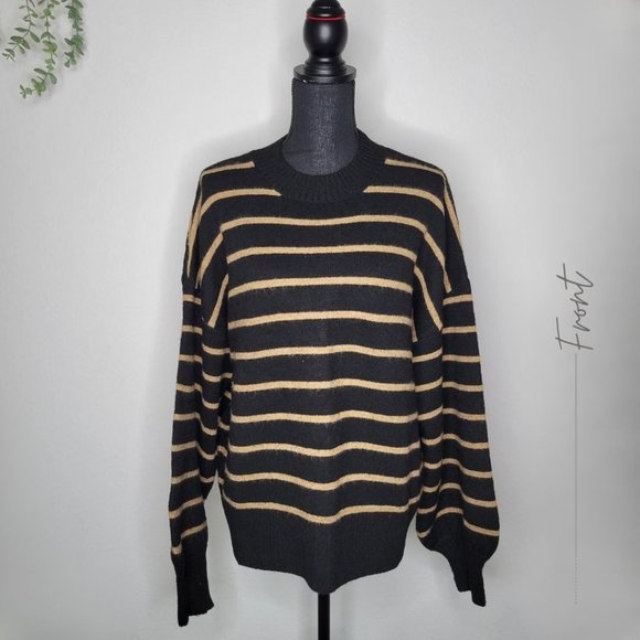 BLACK AND BROWN CREWNECK HORIZONTAL STRIPPED SWEATER FOR WOMEN - Picture 1 of 11